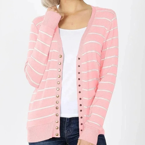 1 LEFT! Women's Dusty Pink Stripe Fall Cardigan - Picture 1 of 5